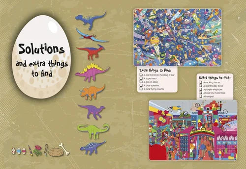 Educational toys with dinosaur figures and activity cards on a beige background