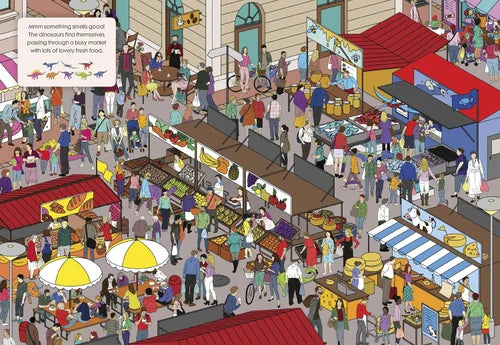 Illustration of a bustling outdoor market with people and stalls.