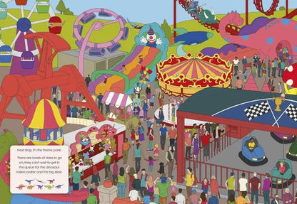 Colorful illustration of a theme park with various attractions and people.