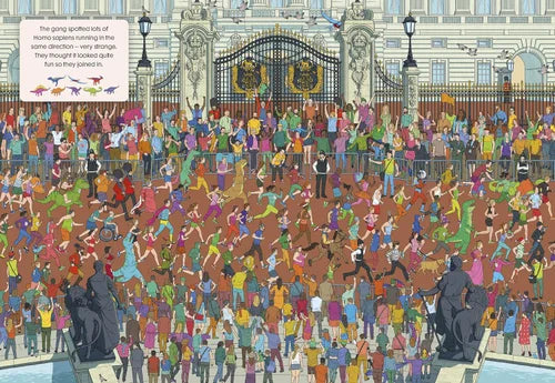 Illustration of a large crowd gathered outside a grand building with a gate.