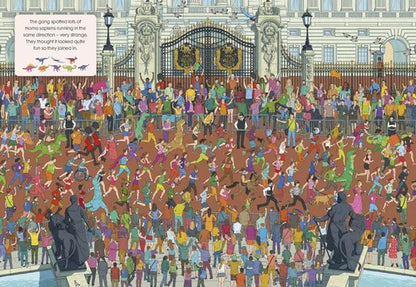 Illustration of a large crowd gathered outside a grand building with a gate.