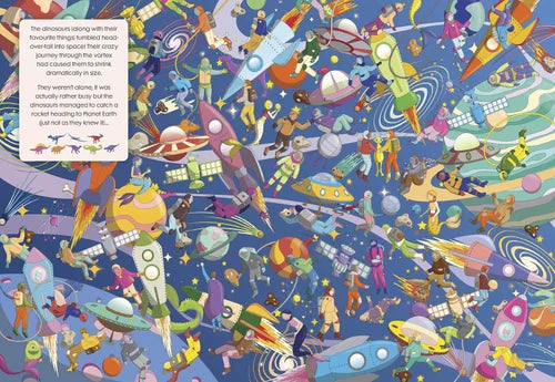 Colorful illustration of various characters and objects on a blue background