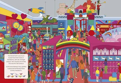 Colorful illustration of a toy store with various toys and people around it.