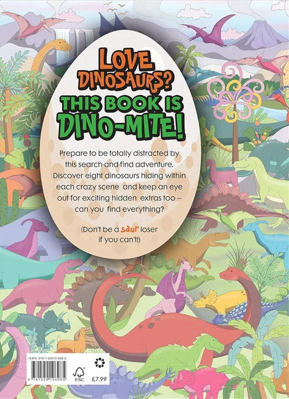 Colorful dinosaur-themed book cover with text and illustrations of dinosaurs and a mountain.