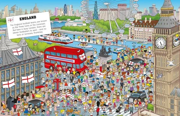 Illustration of a busy London street with landmarks and people, featuring a red double-decker bus and Big Ben.
