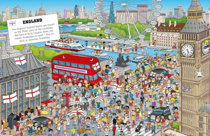 Illustration of a busy London street with landmarks and people, featuring a red double-decker bus and Big Ben.