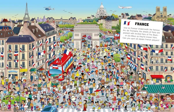 Illustration of a busy street scene in France with people, flags, and landmarks.
