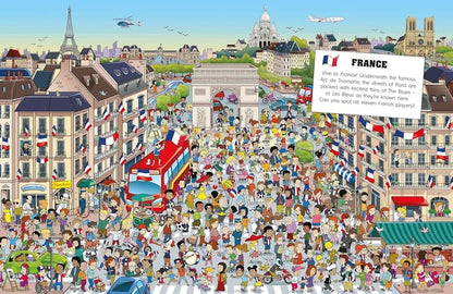 Illustration of a busy street scene in France with people, flags, and landmarks.