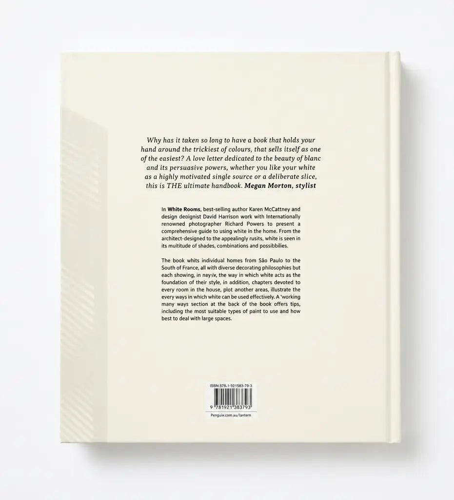 The back cover of a book shown flat against a white background, with the title 'White' at the top, a large block of descriptive text, a barcode, and a cream-colored spine or backing visible along the left edge.