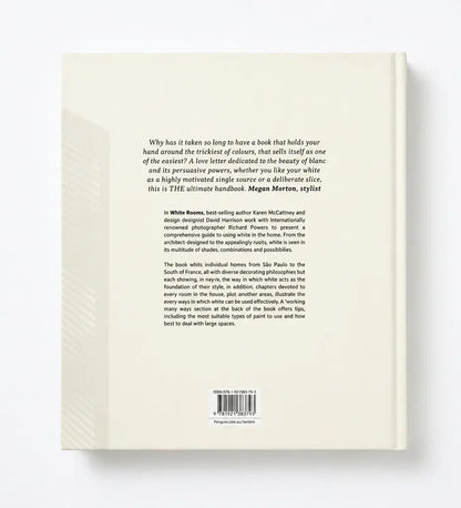 The back cover of a book shown flat against a white background, with the title 'White' at the top, a large block of descriptive text, a barcode, and a cream-colored spine or backing visible along the left edge.