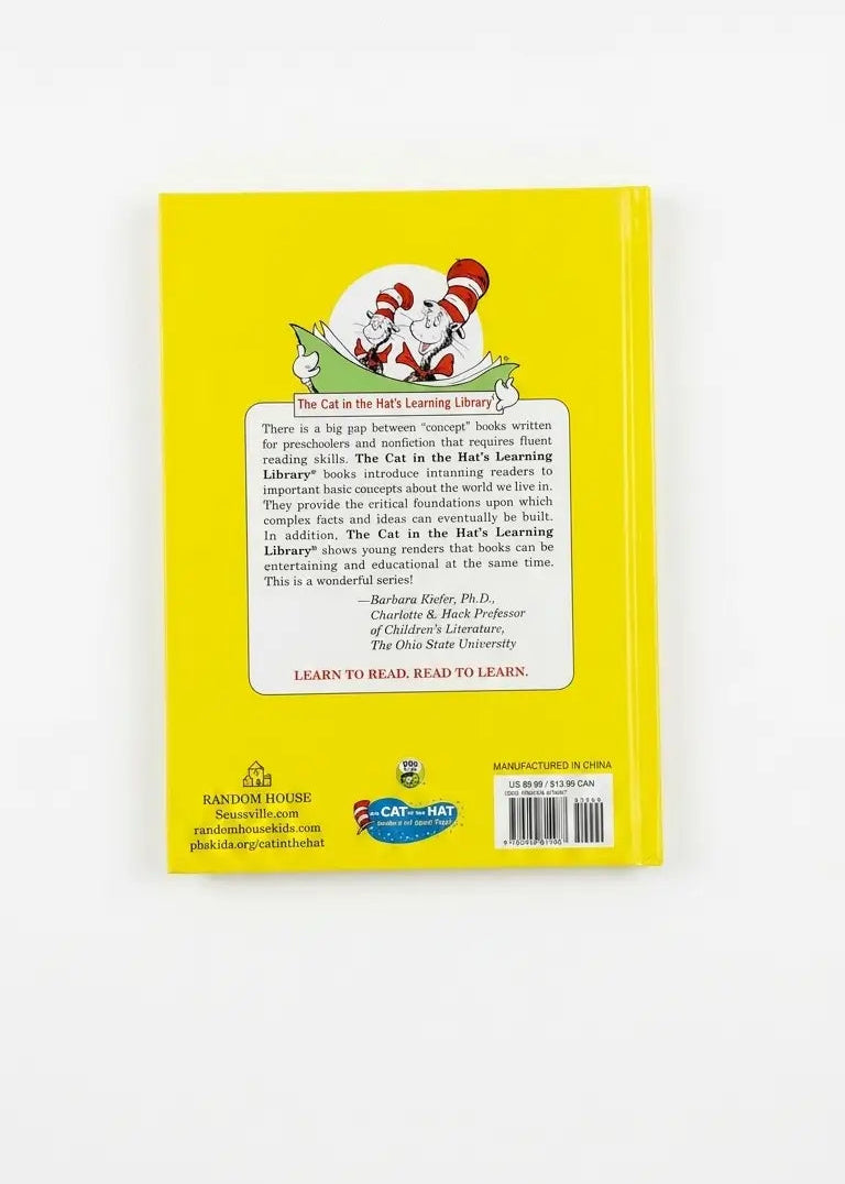 The back cover of a children's book titled 'The Cat in the Hat's Learning' by Barbara Cook, featuring a bright yellow background, a white title box with text, and the Cat in the Hat illustration at the top.