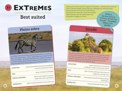 Two educational cards about plains zebra and giraffe, part of a series on 'Extremes'.