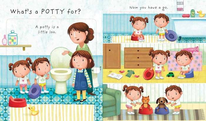 Children's book page about a potty with illustrations of children and a toilet.