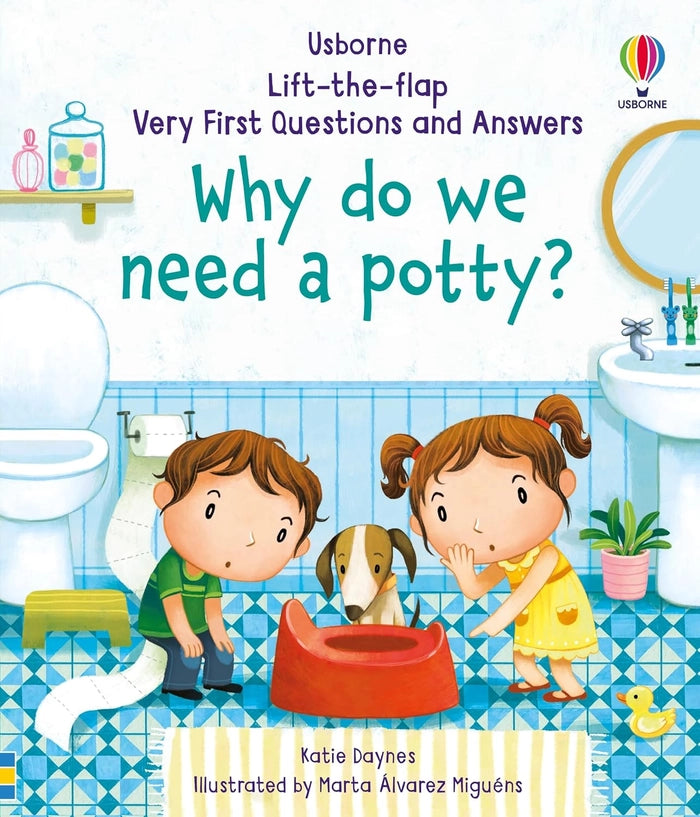 Book cover of 'Why do we need a potty?' with illustrations of a boy, girl, and dog in a bathroom.