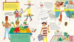 Illustrated book page with characters and text, likely from a children's book about shopping.