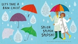 Children's illustration of two children with umbrellas and rain boots, surrounded by raindrops and text.