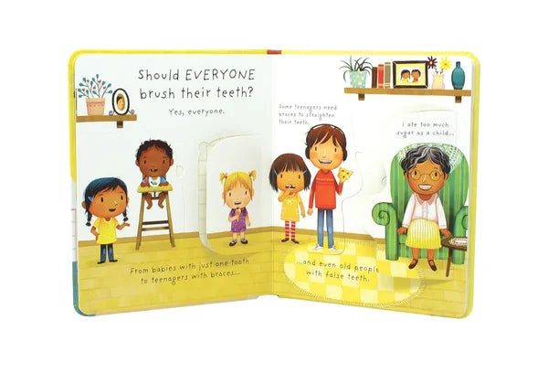 Children's book page with cartoon characters and text about brushing teeth.