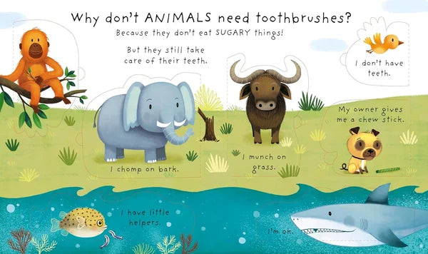 Children's book illustration with animals explaining why they don't need toothbrushes.