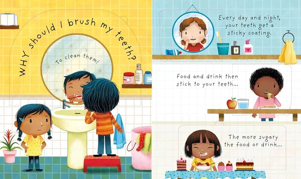 Children's book pages about brushing teeth with illustrations and text.