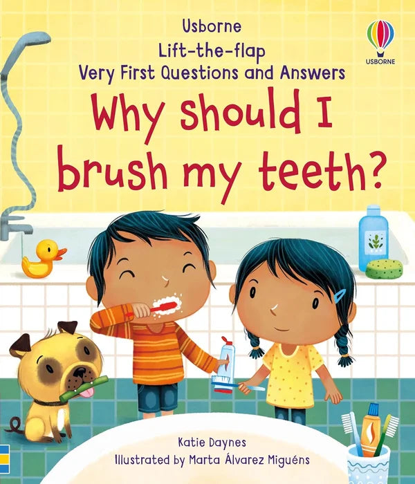 Book cover of 'Why Should I Brush My Teeth?' with children brushing teeth and a dog.