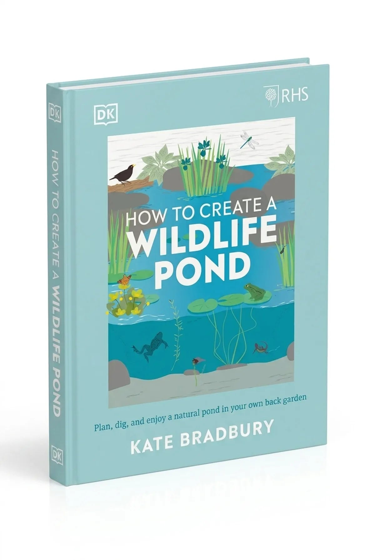 Book titled 'How to Create a Wildlife Pond' by Kate Bradbury on a light blue background