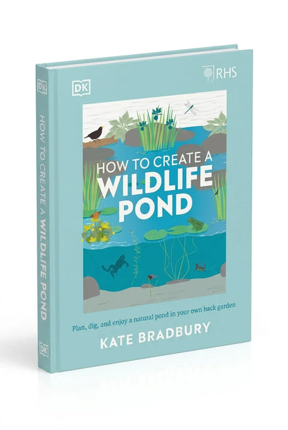 Book titled 'How to Create a Wildlife Pond' by Kate Bradbury on a light blue background