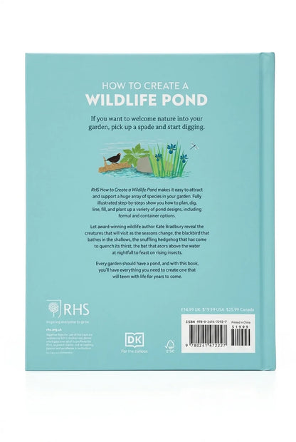 Book cover with text on creating a wildlife pond and RHS logo.