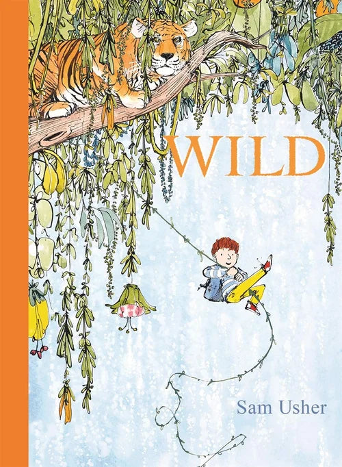 Book cover of 'Wild' by Sam Usher with a child and tiger illustration.