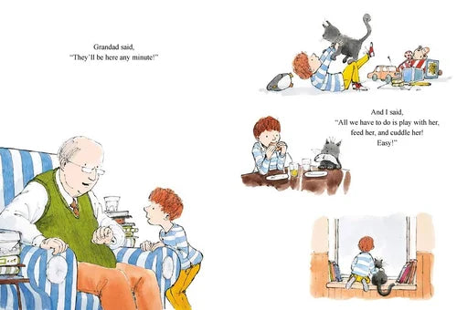 Illustrated book page with a grandfather and child interacting with a cat.