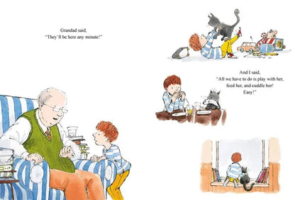 Illustrated book page with a grandfather and child interacting with a cat.