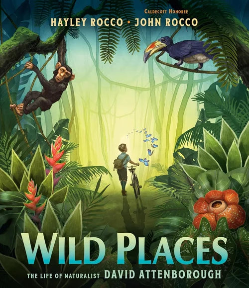 Book cover of 'Wild Places' with a jungle scene, monkey, and child on a bike.