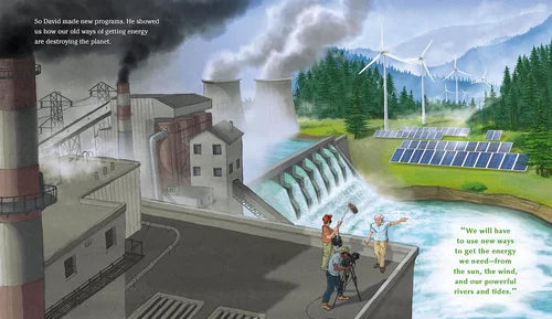 Illustration of a power plant with smoke, solar panels, and people discussing energy sources.