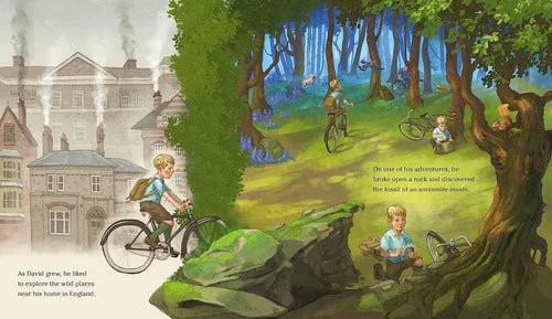 Illustration of a boy on a bike in a forest with a cityscape in the background