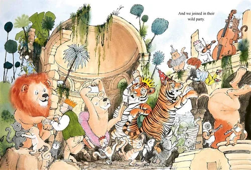 Illustration of animals in a garden with a lion, tiger, and other creatures.