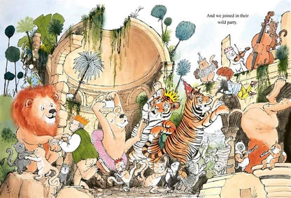 Illustration of animals in a garden with a lion, tiger, and other creatures.