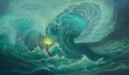 Person holding a light source amidst swirling ocean waves