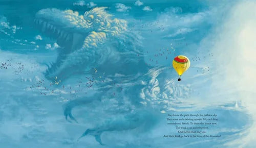 Illustration of a large creature in the sky with a hot air balloon and people below.