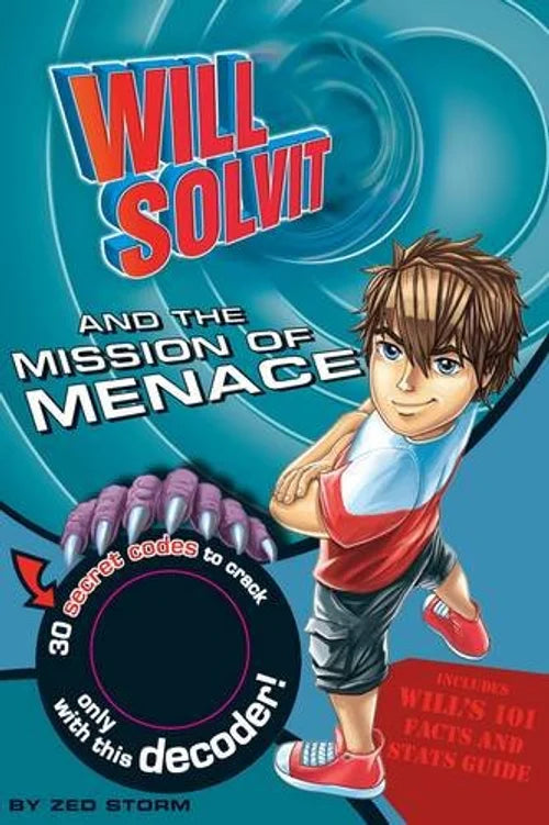 Book cover of 'Will Solvit and the Mission of Menace' with a character and decoder on a blue background