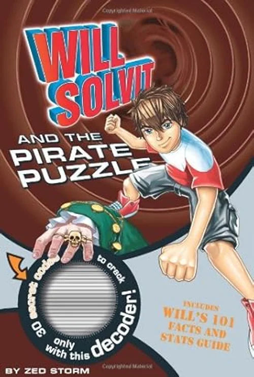 Book cover of 'Will Solvit and the Pirate Puzzle' with a character and decoder on a brown and gray background.