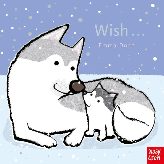 Illustration of a large dog and a small dog with the text 'Wish' by Emma Dodd on a snowy background.