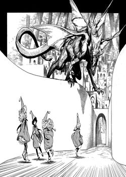 Black and white illustration of a large dragon-like creature in an urban setting with people looking up.