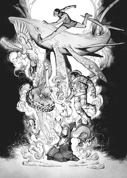 Black and white illustration of a dramatic scene with figures and swirling energy.
