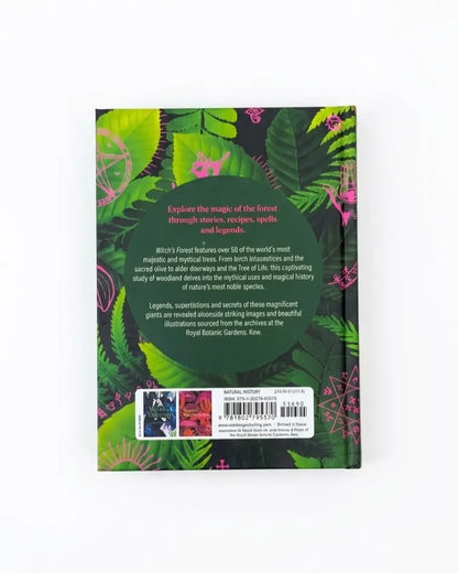 The back cover of a hardcover book featuring a vibrant tropical forest design with green palm leaves, pink flowers, and a dark background. The title 'The Forest' is visible in a semi-transparent oval overlay, along with descriptive text and a barcode at the bottom.