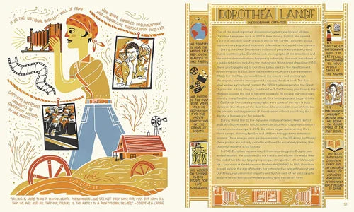 Illustration of a person with a camera, surrounded by images and text on a decorative background