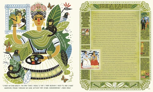 Illustration of a woman with artistic elements and text on a green background