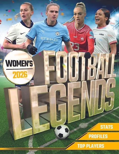 Promotional graphic for 'Women's Football Legends 2026' featuring four female soccer players on a sports theme background.
