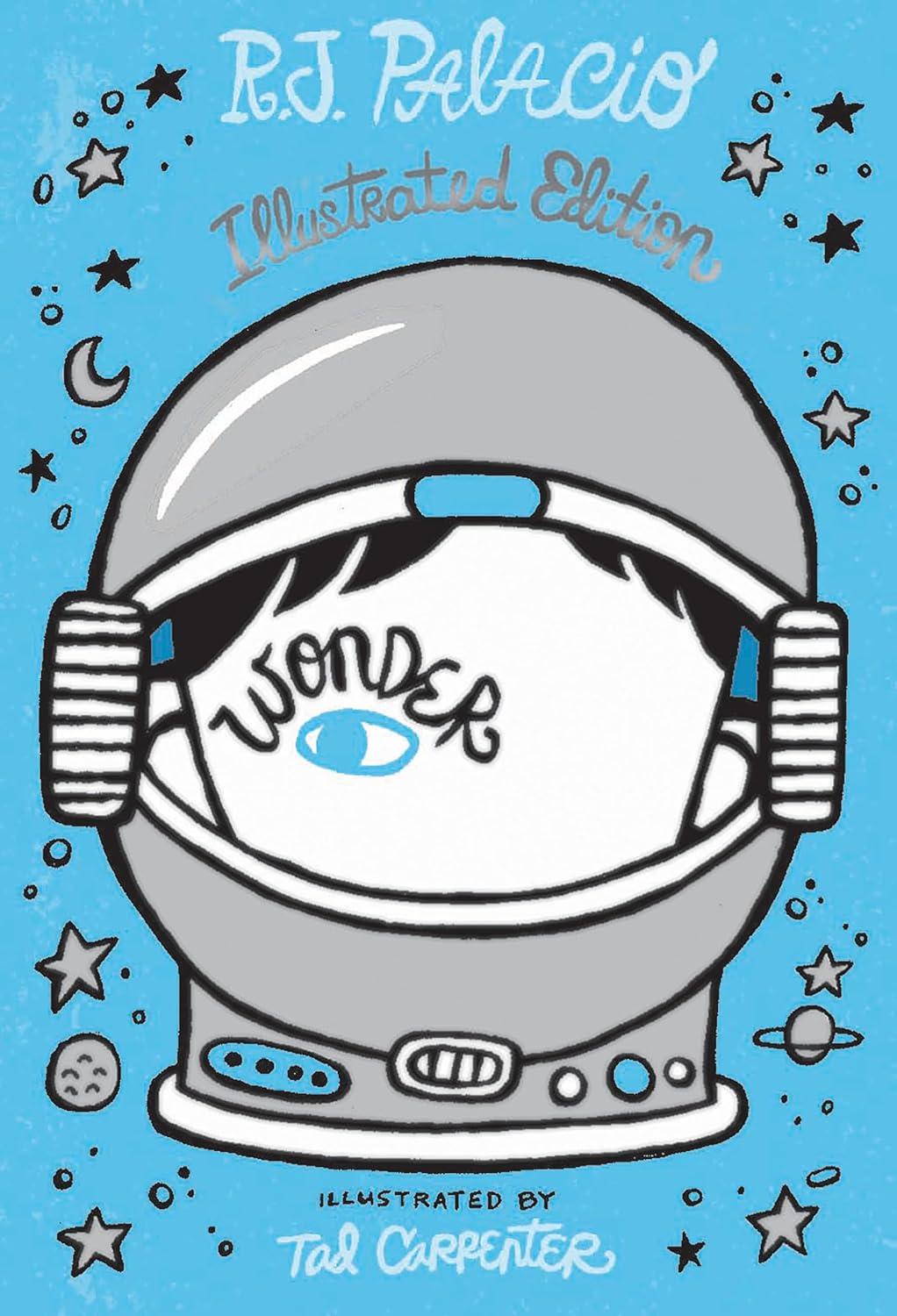 Cover of the book 'Wonder' featuring an illustration of a child in an astronaut helmet with the title also displayed.