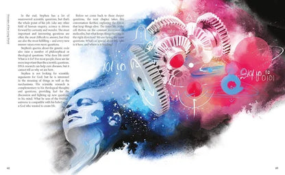 Colorful abstract design with gears and text on a black background