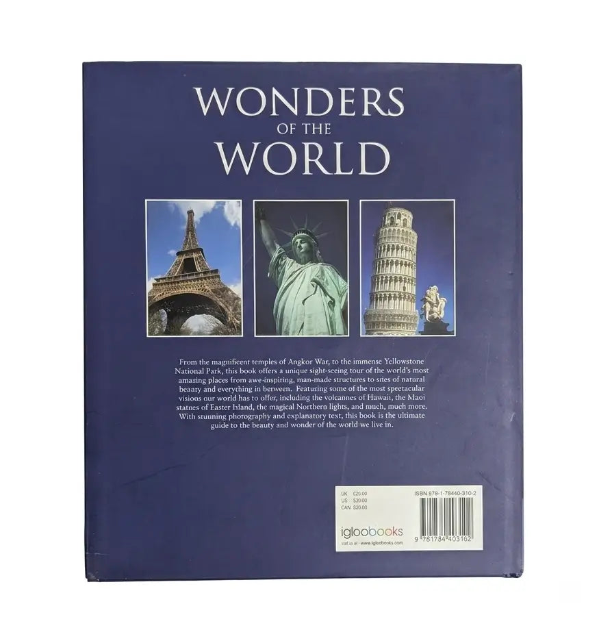 The back cover of a book titled 'Wonders of the World' with a dark blue background, featuring three travel-themed photographs of the Eiffel Tower, the Statue of Liberty, and the Leaning Tower of Pisa, plus a barcode and the Igloo Books logo.