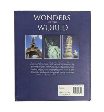 The back cover of a book titled 'Wonders of the World' with a dark blue background, featuring three travel-themed photographs of the Eiffel Tower, the Statue of Liberty, and the Leaning Tower of Pisa, plus a barcode and the Igloo Books logo.